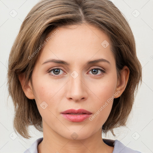 Neutral white young-adult female with medium  brown hair and grey eyes