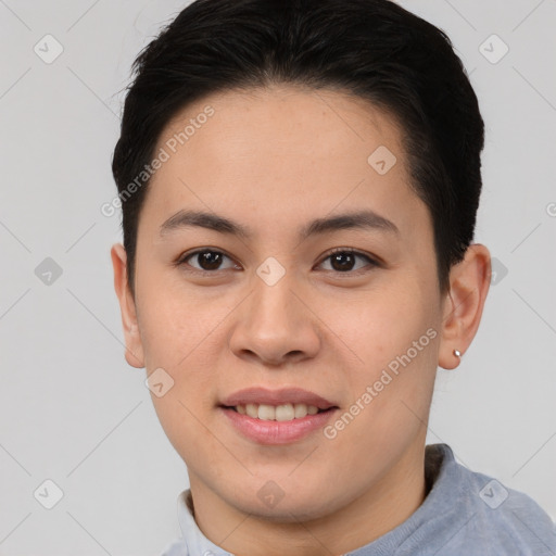 Joyful asian young-adult female with short  brown hair and brown eyes