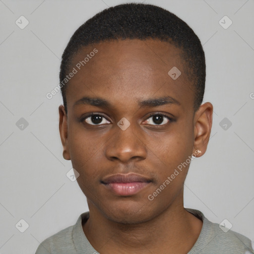 Neutral black young-adult male with short  black hair and brown eyes