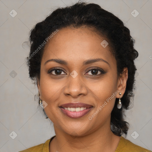 Joyful black young-adult female with medium  brown hair and brown eyes