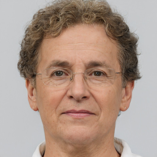 Joyful white middle-aged male with short  brown hair and brown eyes