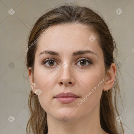 Neutral white young-adult female with medium  brown hair and brown eyes