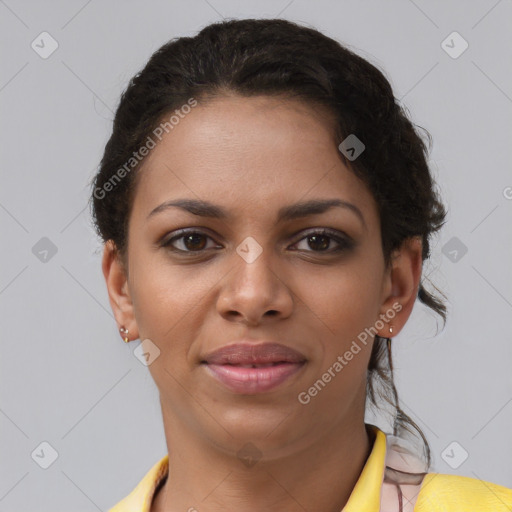 Joyful latino young-adult female with short  brown hair and brown eyes