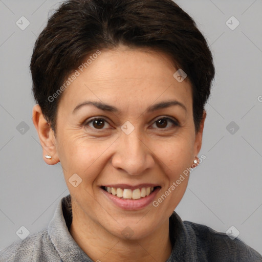 Joyful white adult female with short  brown hair and brown eyes