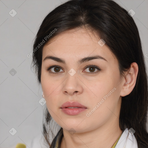 Neutral white young-adult female with medium  brown hair and brown eyes