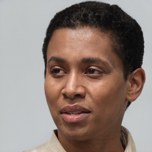 Joyful black adult male with short  black hair and brown eyes