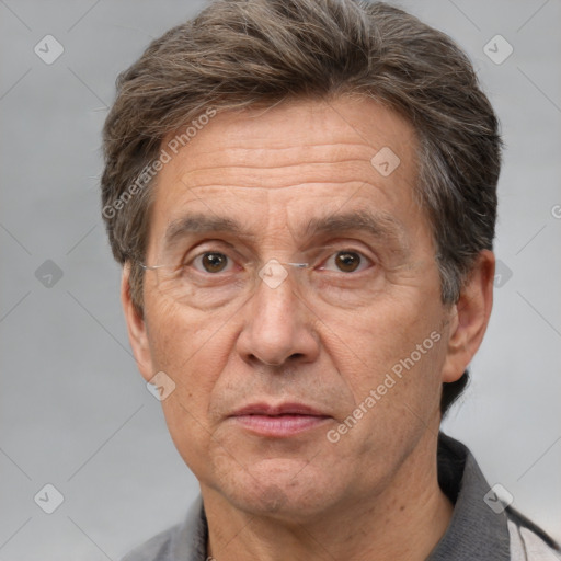 Joyful white middle-aged male with short  brown hair and brown eyes