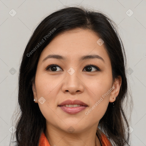 Joyful latino young-adult female with medium  brown hair and brown eyes