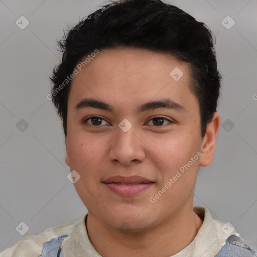 Joyful latino young-adult male with short  brown hair and brown eyes