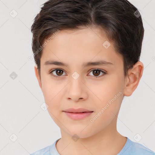 Joyful white child female with short  brown hair and brown eyes