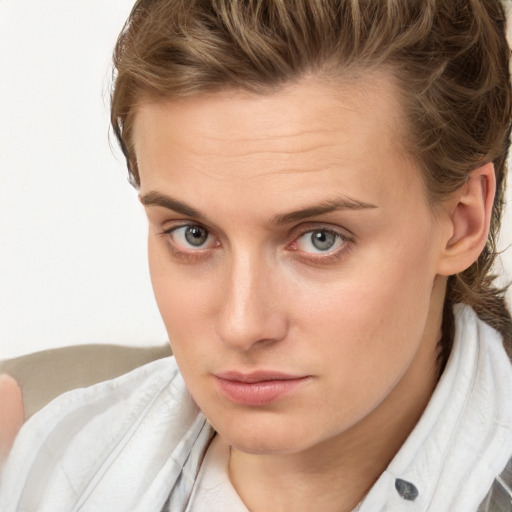 Neutral white young-adult female with medium  brown hair and brown eyes