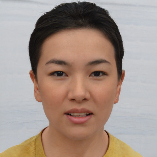 Neutral white young-adult female with short  brown hair and brown eyes