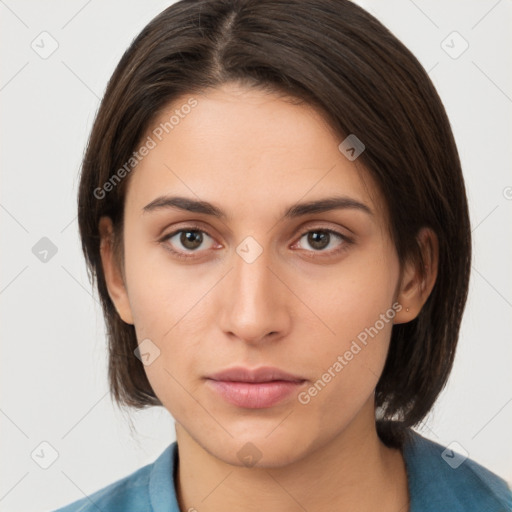 Neutral white young-adult female with medium  brown hair and brown eyes