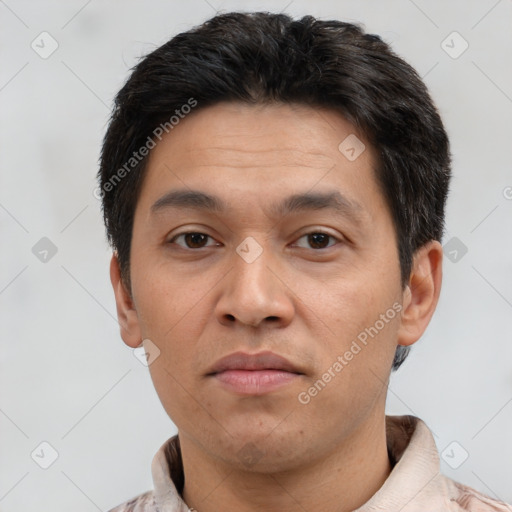 Neutral asian adult male with short  brown hair and brown eyes