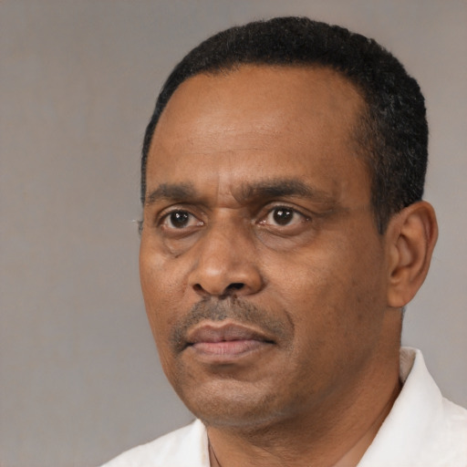Neutral black adult male with short  black hair and brown eyes