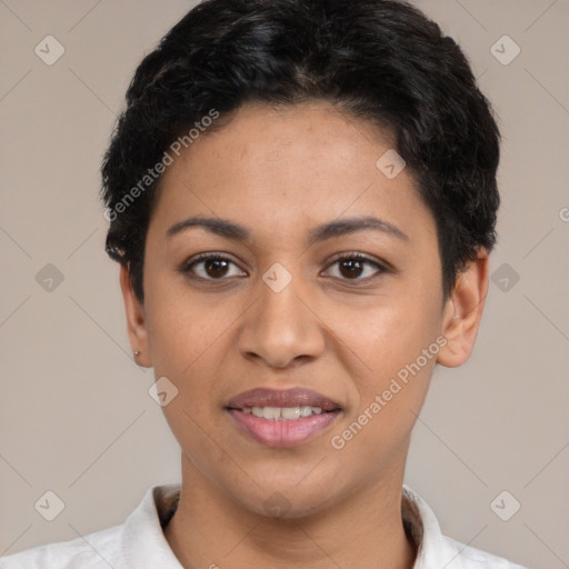 Joyful latino young-adult female with short  black hair and brown eyes