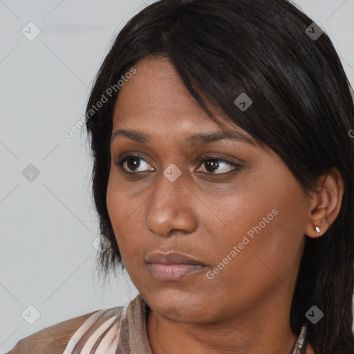 Neutral asian young-adult female with medium  black hair and brown eyes