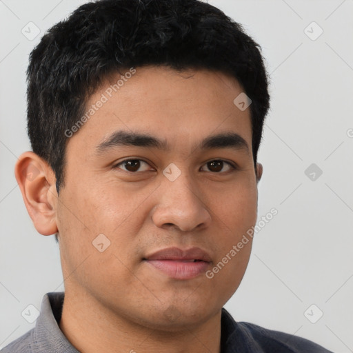 Neutral asian young-adult male with short  black hair and brown eyes