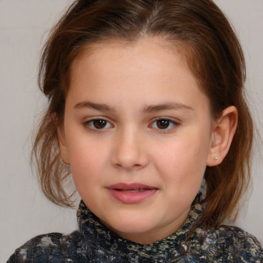 Joyful white child female with medium  brown hair and brown eyes