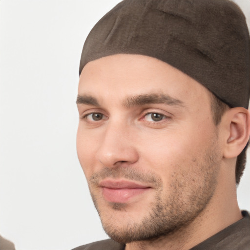 Neutral white young-adult male with short  brown hair and brown eyes