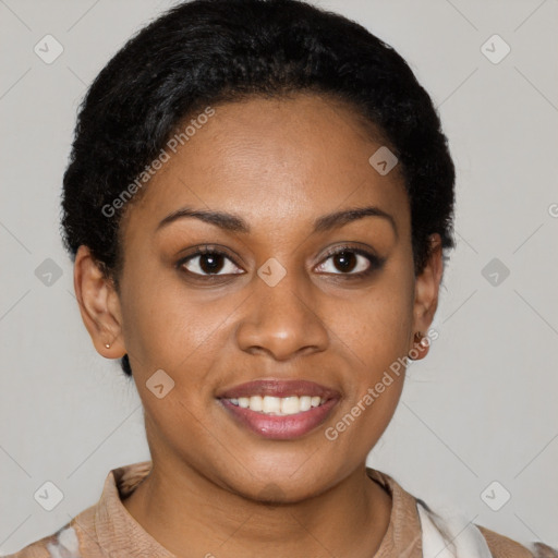 Joyful latino young-adult female with short  brown hair and brown eyes