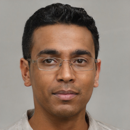 Neutral latino young-adult male with short  black hair and brown eyes