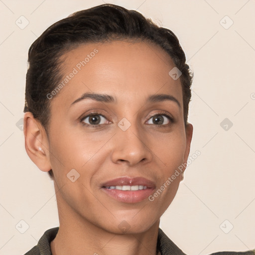 Joyful white young-adult female with short  brown hair and brown eyes