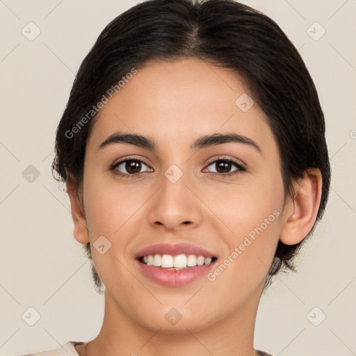 Joyful white young-adult female with medium  brown hair and brown eyes