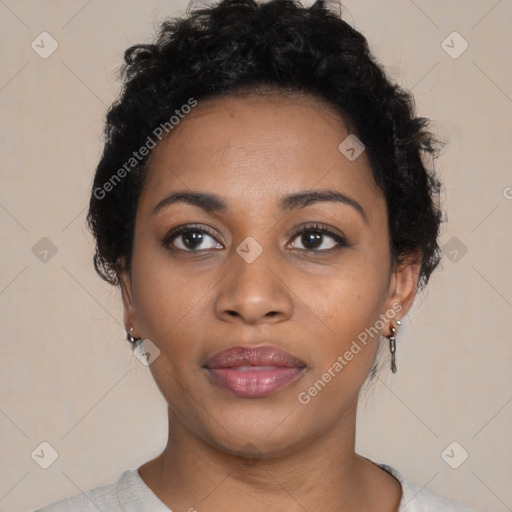 Neutral black young-adult female with short  black hair and brown eyes