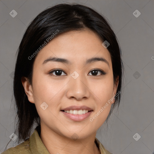 Joyful white young-adult female with medium  brown hair and brown eyes