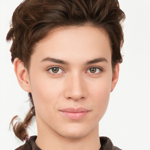 Neutral white young-adult female with short  brown hair and brown eyes