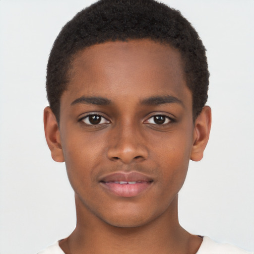 Joyful black young-adult male with short  brown hair and brown eyes