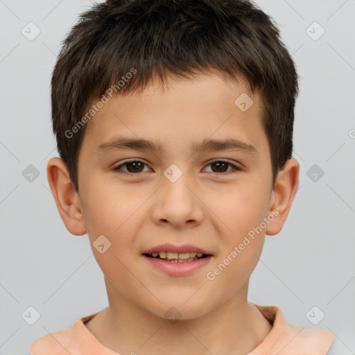 Joyful white child male with short  brown hair and brown eyes