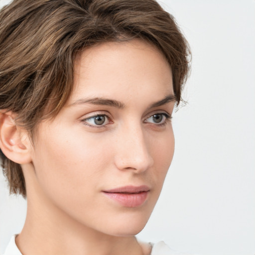 Neutral white young-adult female with medium  brown hair and grey eyes