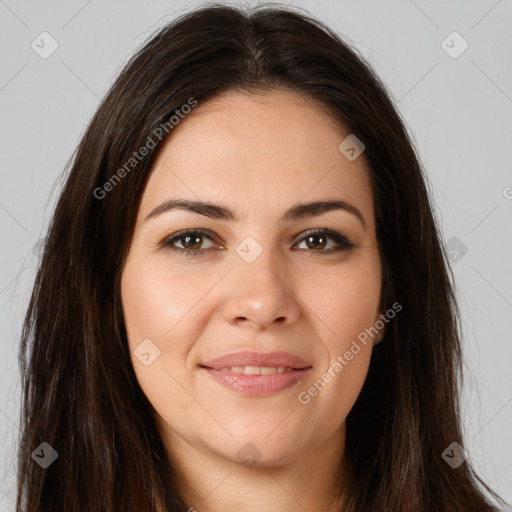 Joyful white young-adult female with long  brown hair and brown eyes