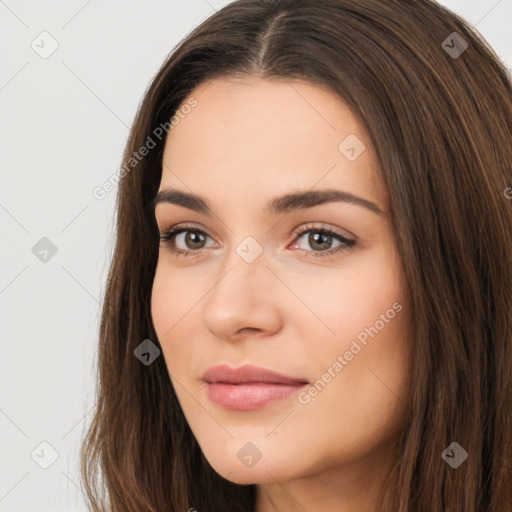 Neutral white young-adult female with long  brown hair and brown eyes