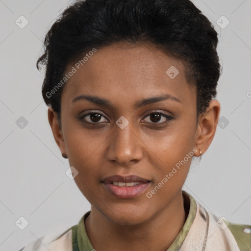 Joyful latino young-adult female with short  brown hair and brown eyes