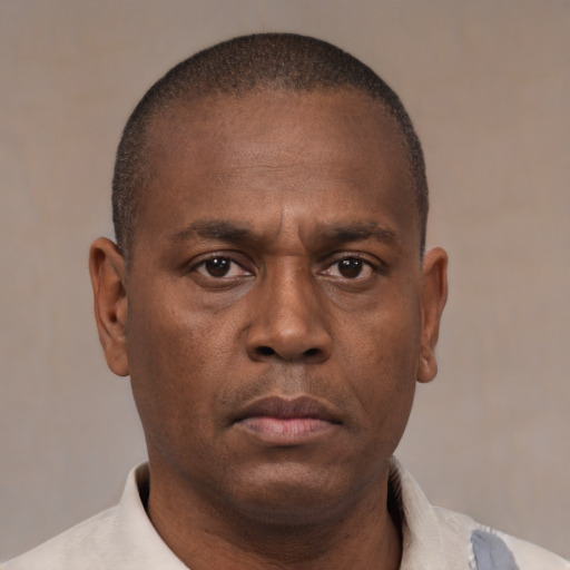 Neutral black adult male with short  brown hair and brown eyes