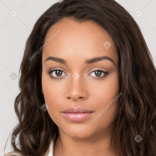 Neutral white young-adult female with long  brown hair and brown eyes