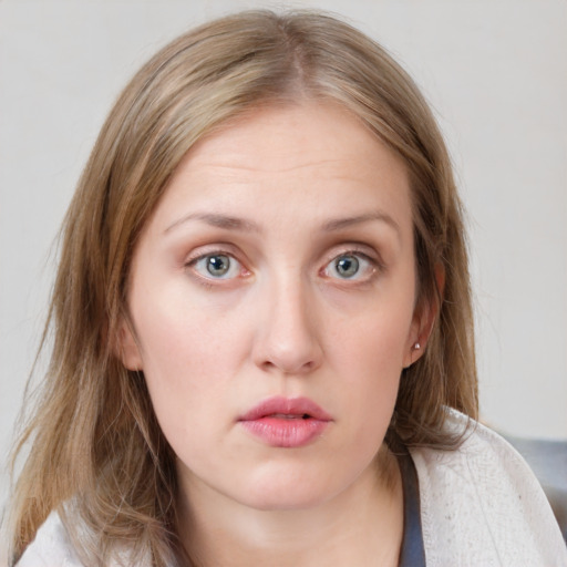 Neutral white young-adult female with medium  brown hair and blue eyes