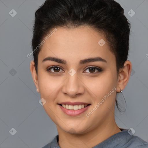 Joyful white young-adult female with short  brown hair and brown eyes