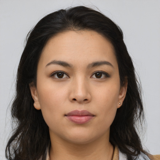 Neutral asian young-adult female with long  brown hair and brown eyes