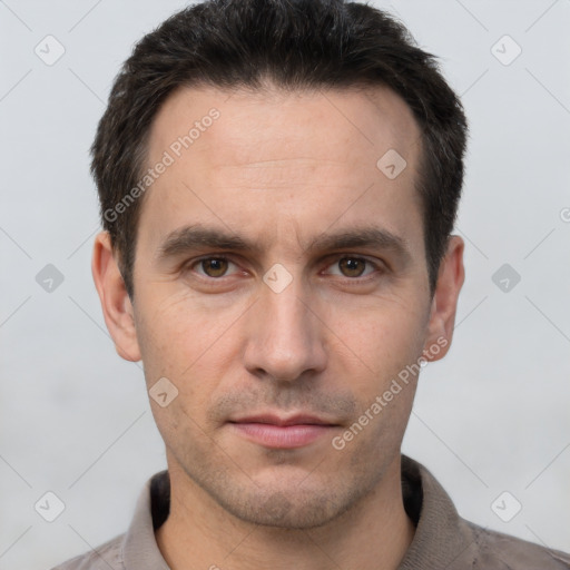 Neutral white adult male with short  brown hair and brown eyes