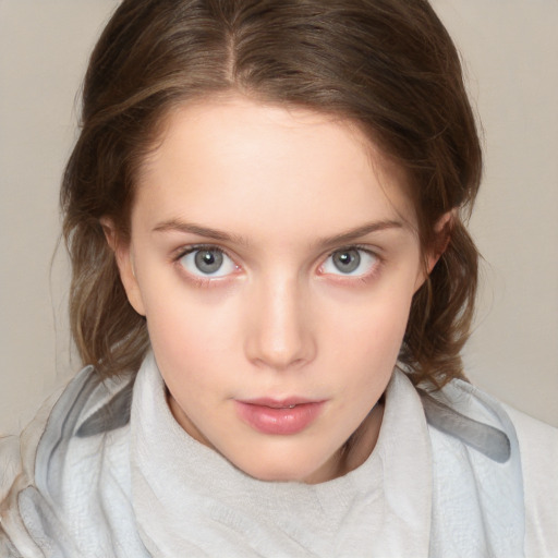 Neutral white child female with medium  brown hair and blue eyes