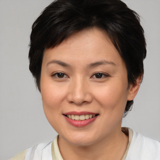 Joyful asian young-adult female with short  brown hair and brown eyes
