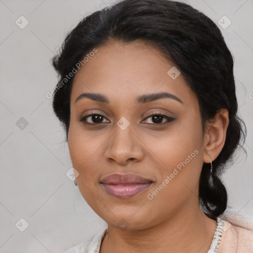 Joyful latino young-adult female with medium  black hair and brown eyes