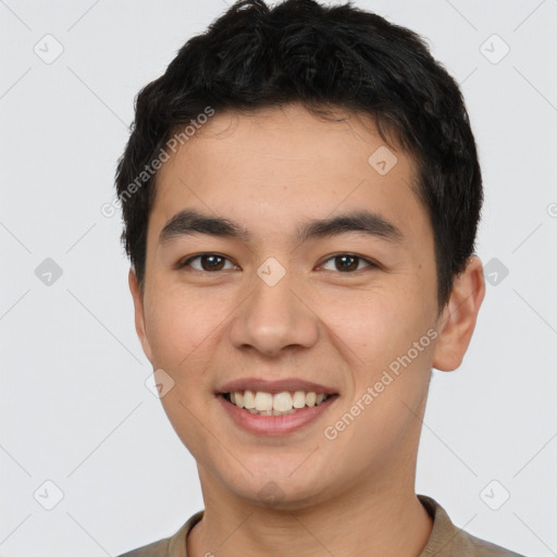 Joyful white young-adult male with short  black hair and brown eyes