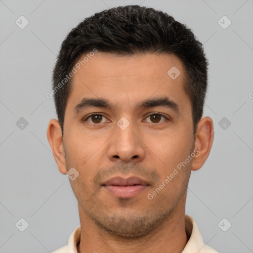 Neutral asian young-adult male with short  black hair and brown eyes