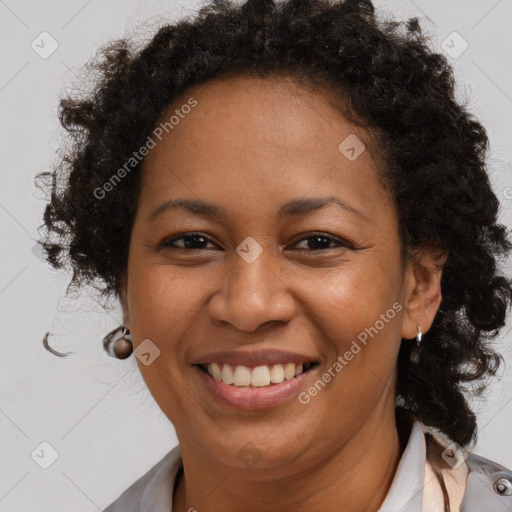 Joyful black adult female with medium  brown hair and brown eyes