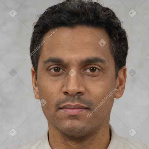 Neutral latino adult male with short  black hair and brown eyes